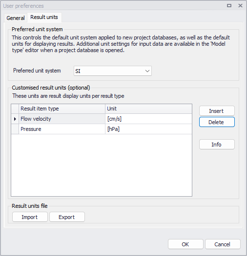 The units settings in the 'User preferences' editor