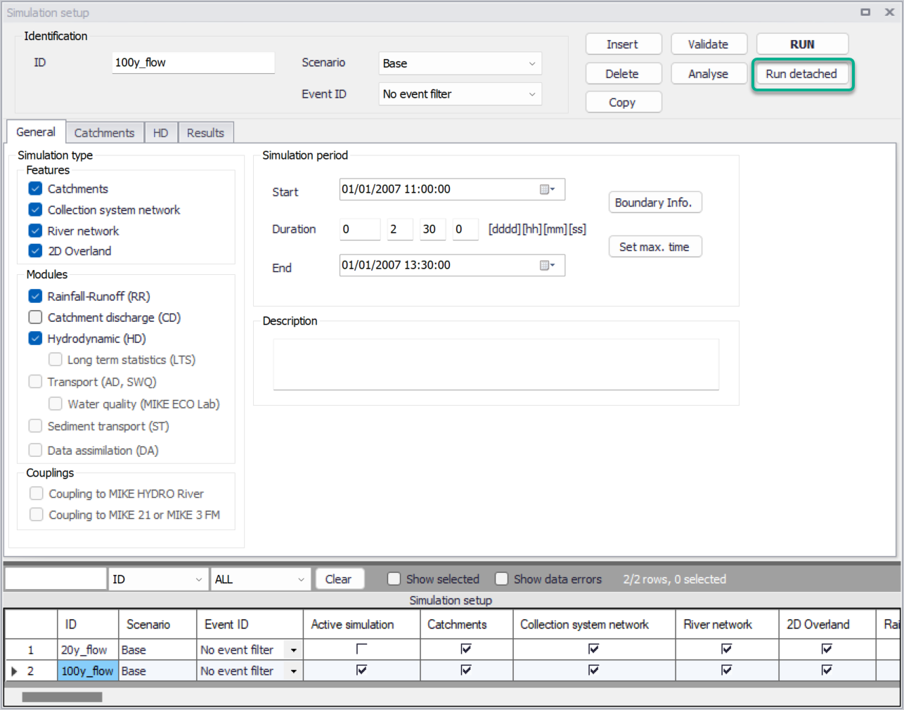 Running a detached simulation in ‘Rivers, collection system and overland flows’ mode