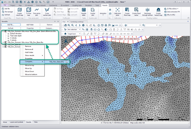The ‘Compare’ function now creates a second output file showing differences of flood extents, when comparing 2D results