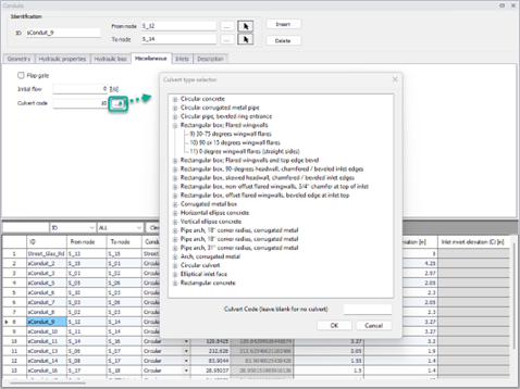 A new code selector helps selecting culvert codes in the 'Conduits' editor