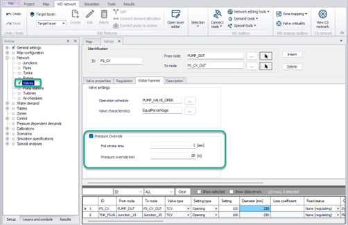 Modelling pressure relief valves in water hammer simulations, using the new 'Pressure override limit' setting