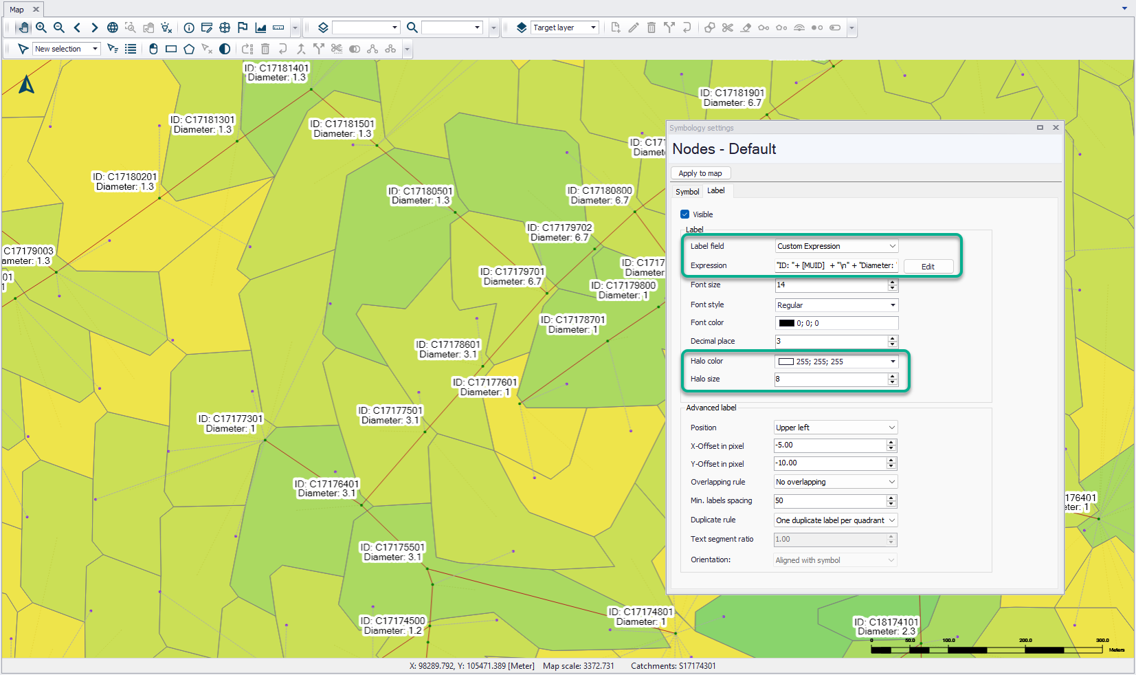 The new options to display labels based on custom expressions and using halos on the map