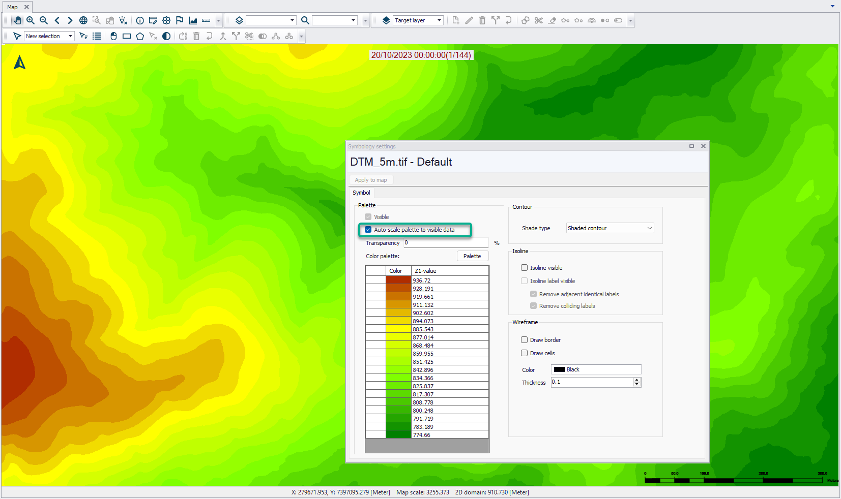The new option to automatically re-scale color palettes to current view for rasters and 2D overland layers